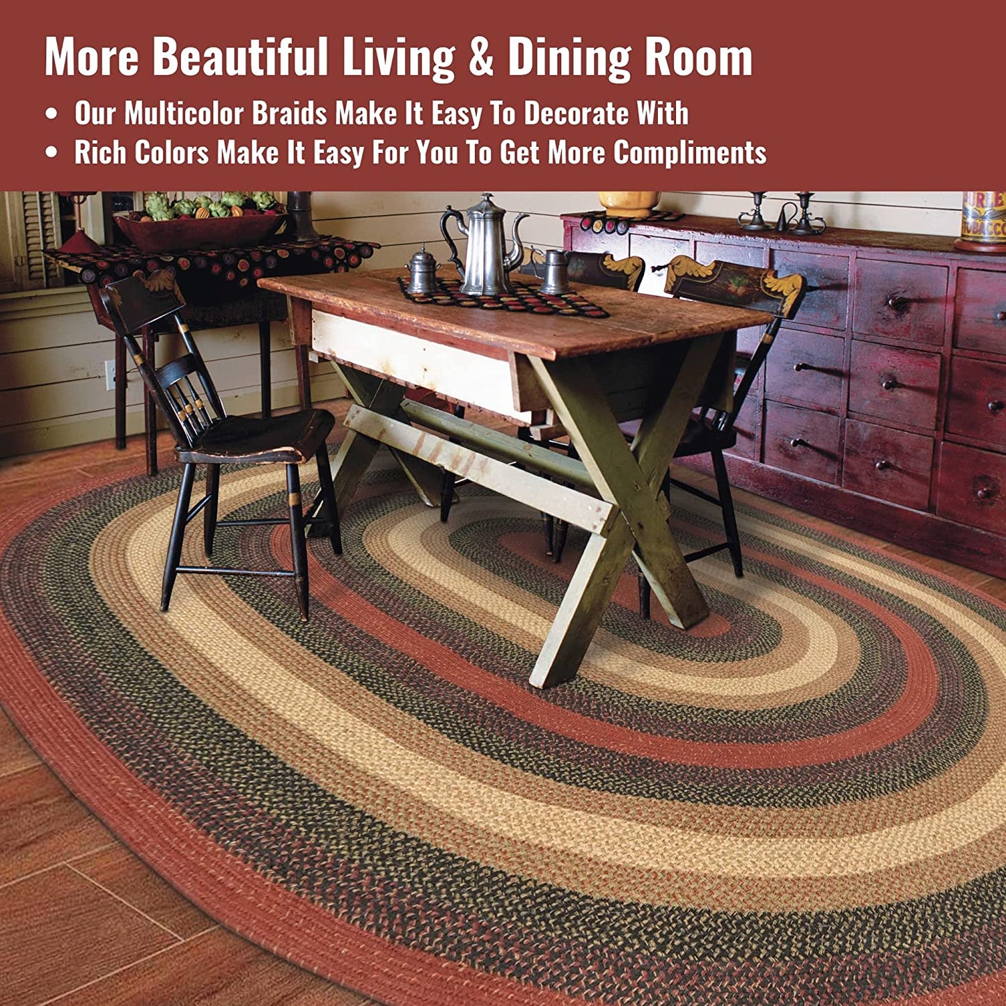 Highland Red, Navy & Cream Jute Oval Braided Rugs - Braided-Rugs.com