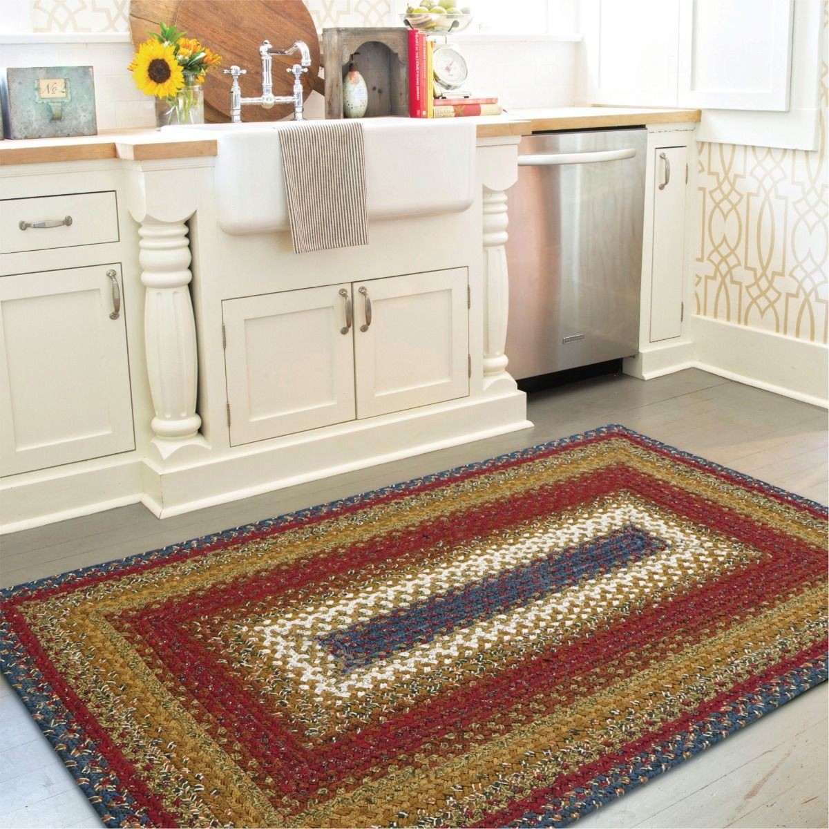 Log Cabin Step Blue and Burgundy Cotton Braided Rectangular Rugs