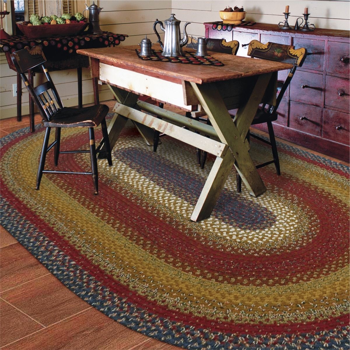 Log Cabin Step Blue and Burgundy Cotton Braided Oval Rugs