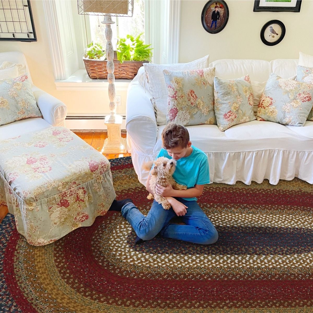Log Cabin Step Blue and Burgundy Cotton Braided Oval Rugs