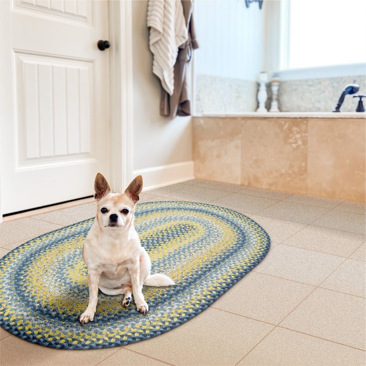 Sunflowers Blue - Gold Cotton Braided Oval Rugs