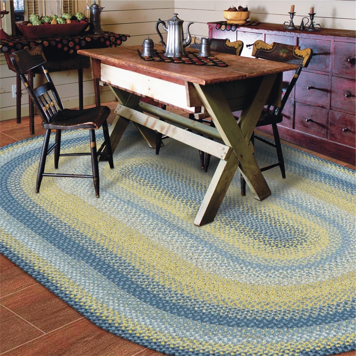 Sunflowers Blue - Gold Cotton Braided Oval Rugs