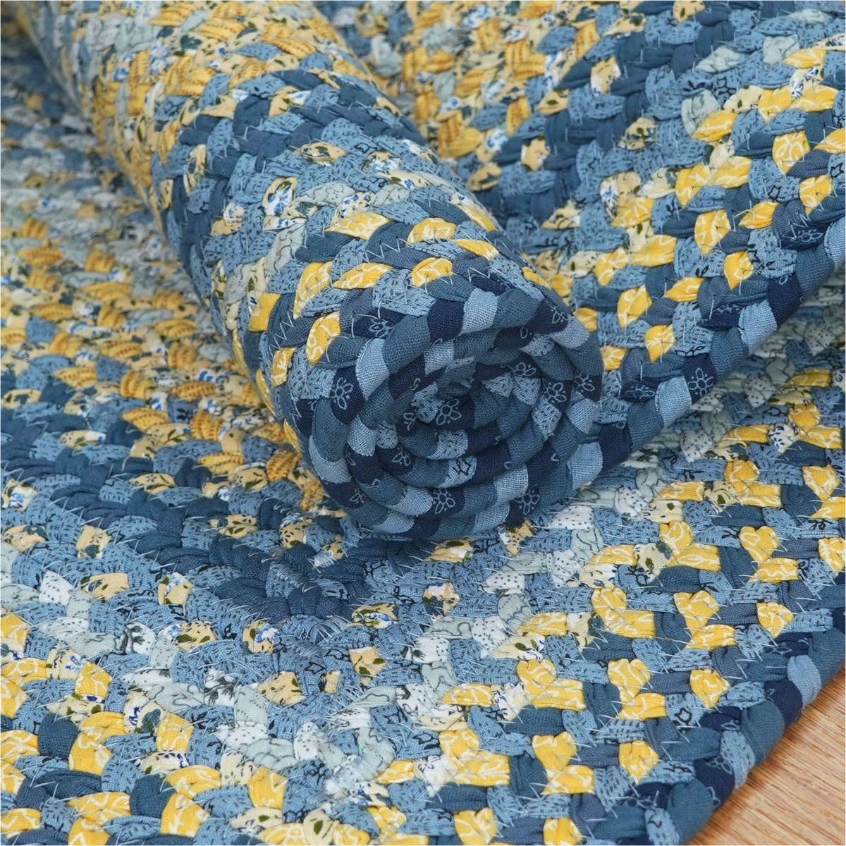 Sunflowers Blue - Gold Cotton Braided Oval Rugs