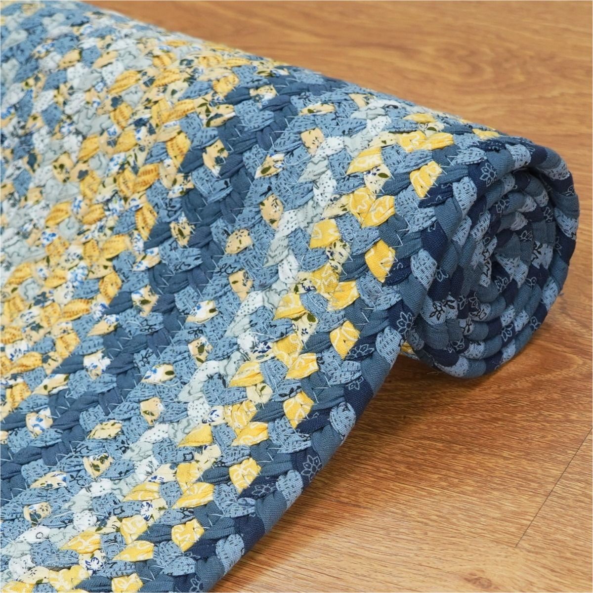 Sunflowers Blue - Gold Cotton Braided Rectangular Rugs