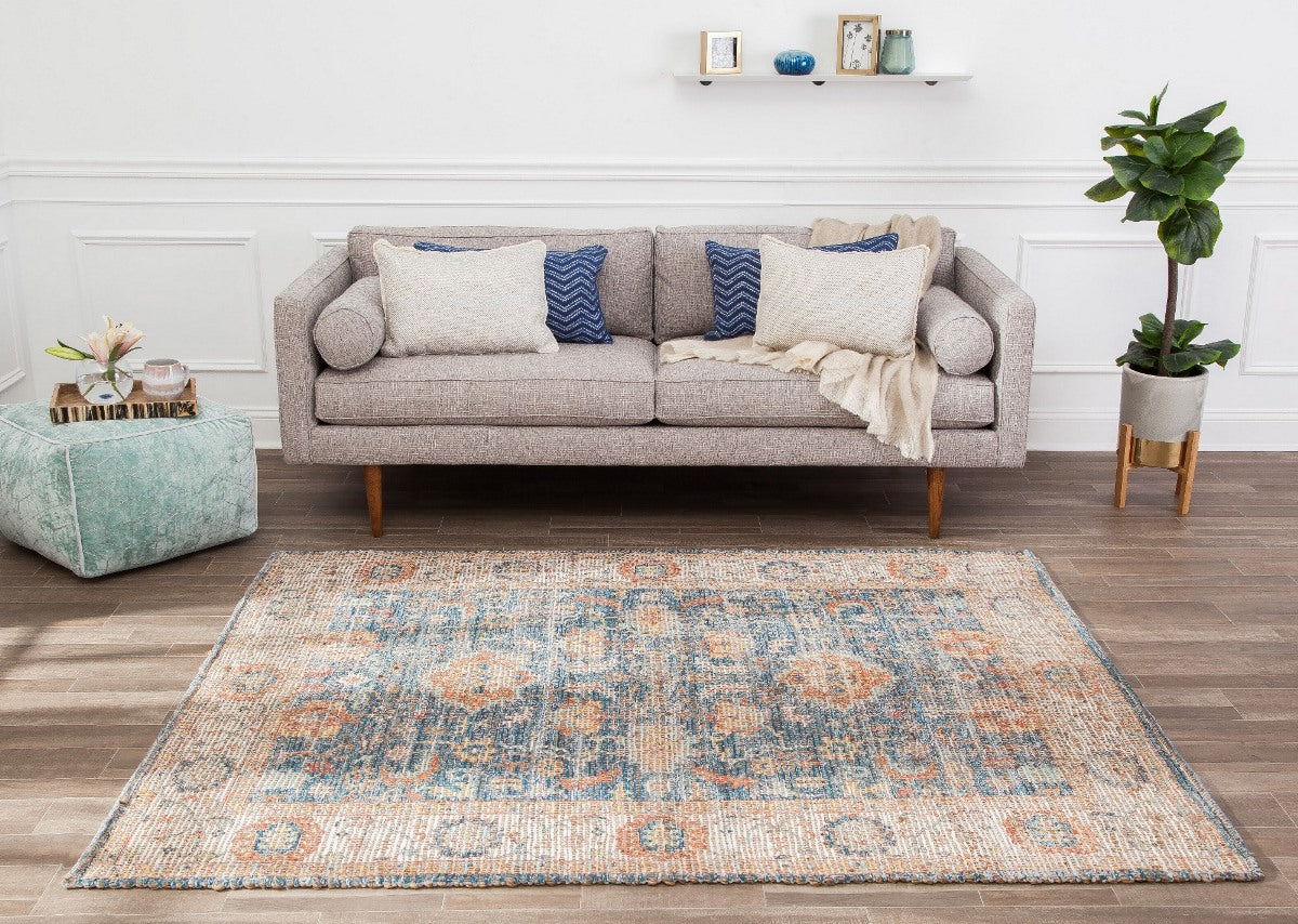 Blue Floral Ivory Border Rectangular Jute Braided Rug