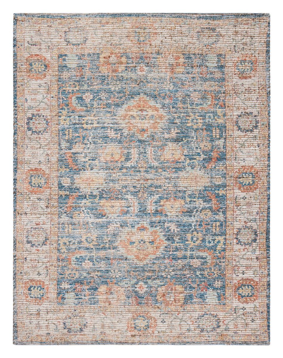 Blue Floral Ivory Border Rectangular Jute Braided Rug