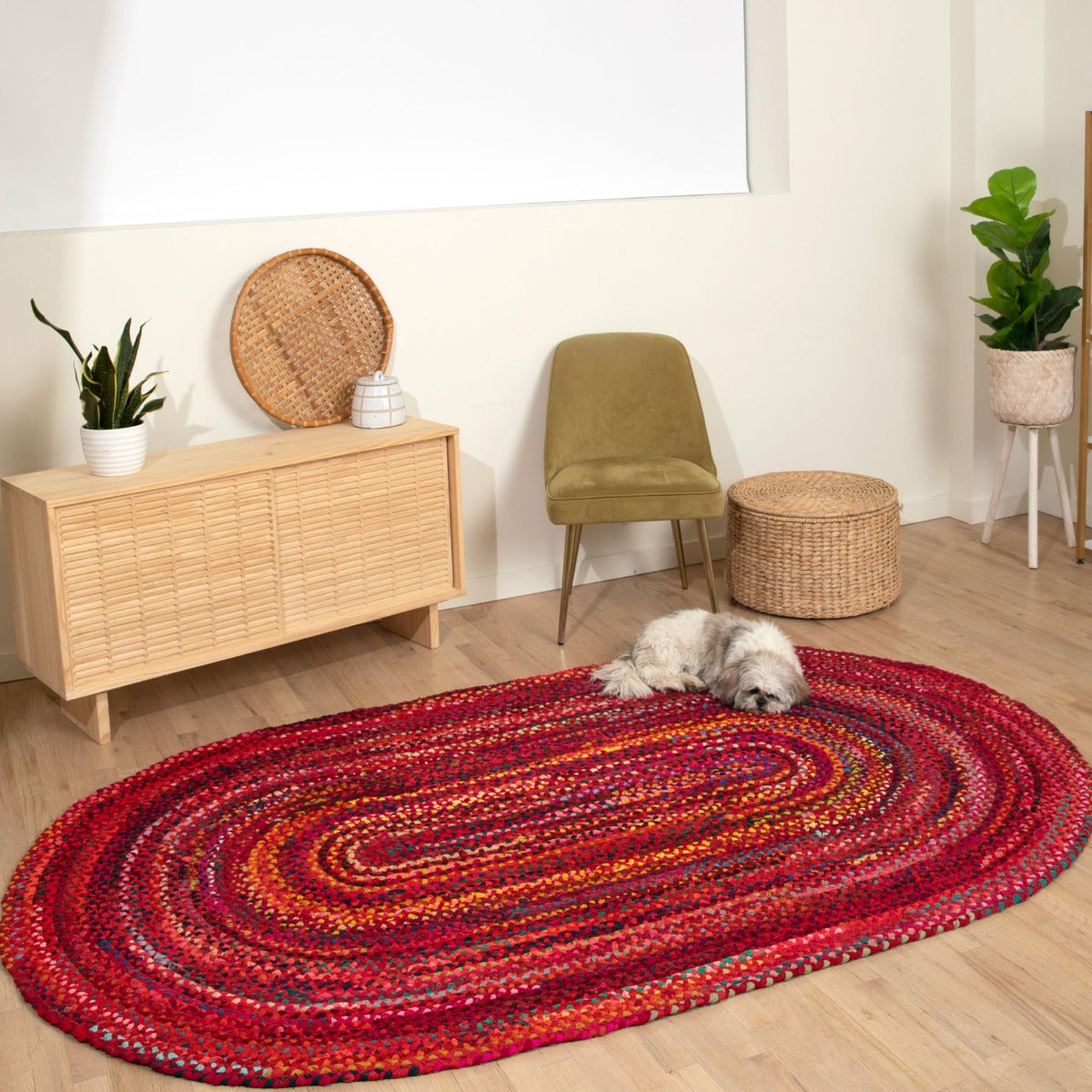 Bohemian Red Cotton Braided Chindi Rugs Oval –
