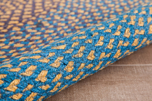 Blue and Yellow Blend Round Jute Braided Rug