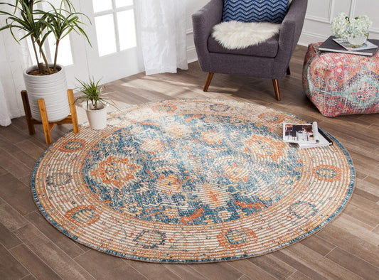 Blue Floral Ivory Border Round Jute Braided Rug