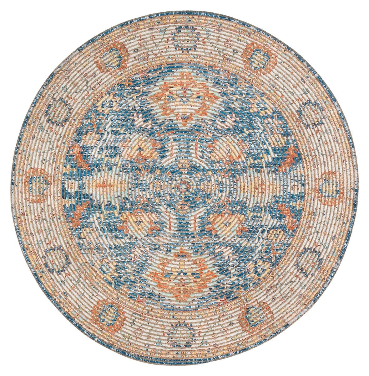Blue Floral Ivory Border Round Jute Braided Rug