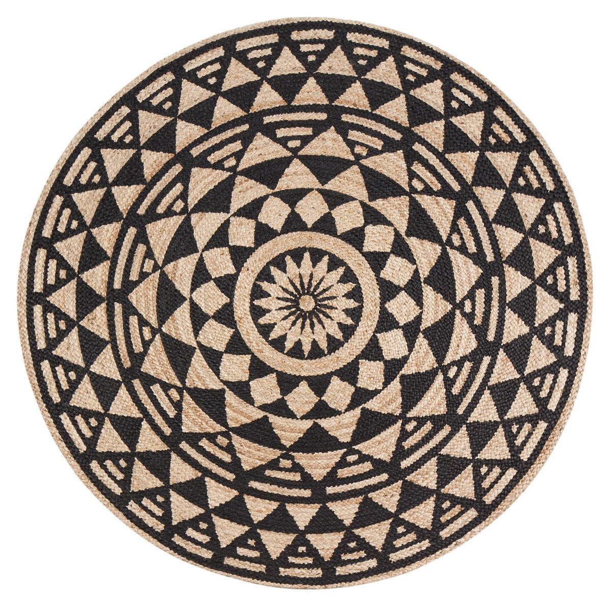 Tribal Multi Star Screen Print Round Jute Braided Rug