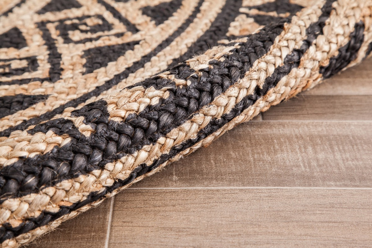 Tribal Swinning Wave Circular Screen Print Round Jute Braided Rug