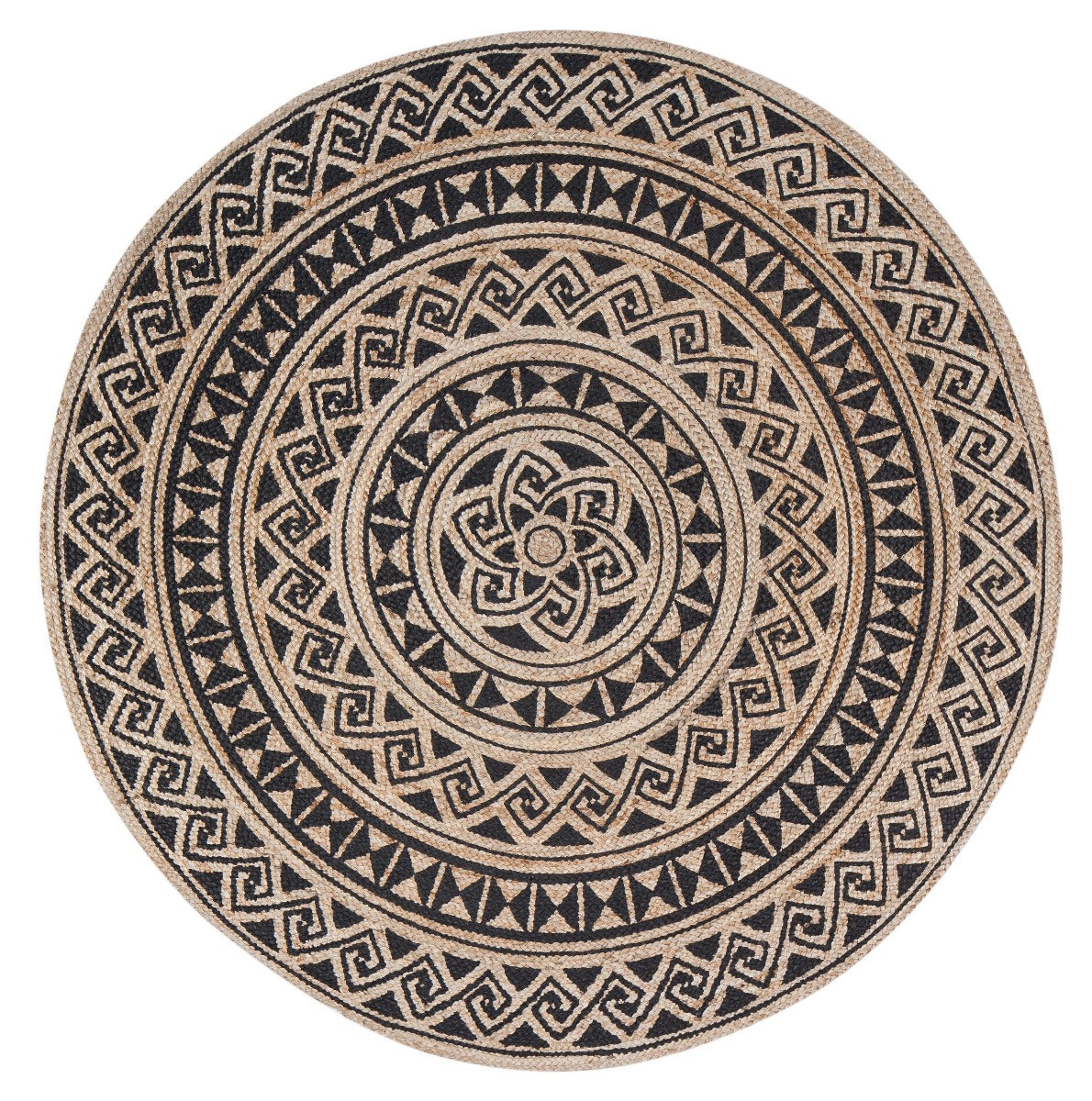 Tribal Swinning Wave Circular Screen Print Round Jute Braided Rug