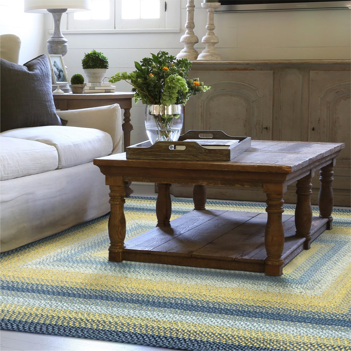 Sunflowers Blue - Gold Cotton Braided Rectangular Rugs