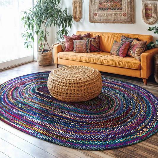 Bohemian Blue Cotton Braided Chindi Rugs Oval