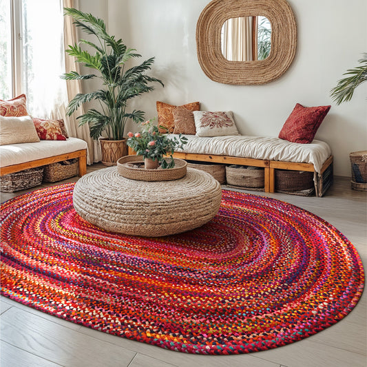 Bohemian Red Cotton Braided Chindi Rugs Oval