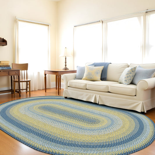 Sunflowers Blue - Gold Cotton Braided Oval Rugs