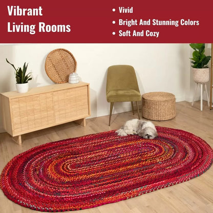 Bohemian Red Cotton Braided Chindi Rugs Oval