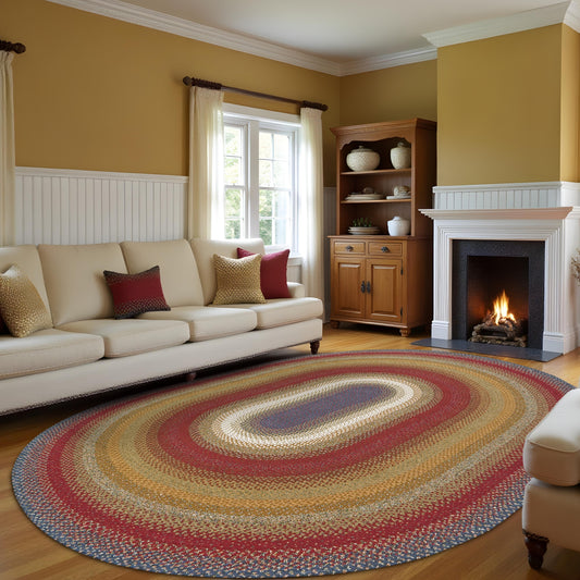 Log Cabin Step Blue and Burgundy Cotton Braided Oval Rugs