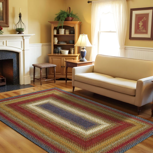 Log Cabin Step Blue and Burgundy Cotton Braided Rectangular Rugs