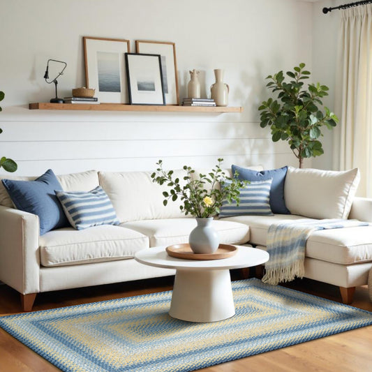 Sunflowers Blue - Gold Cotton Braided Rectangular Rugs